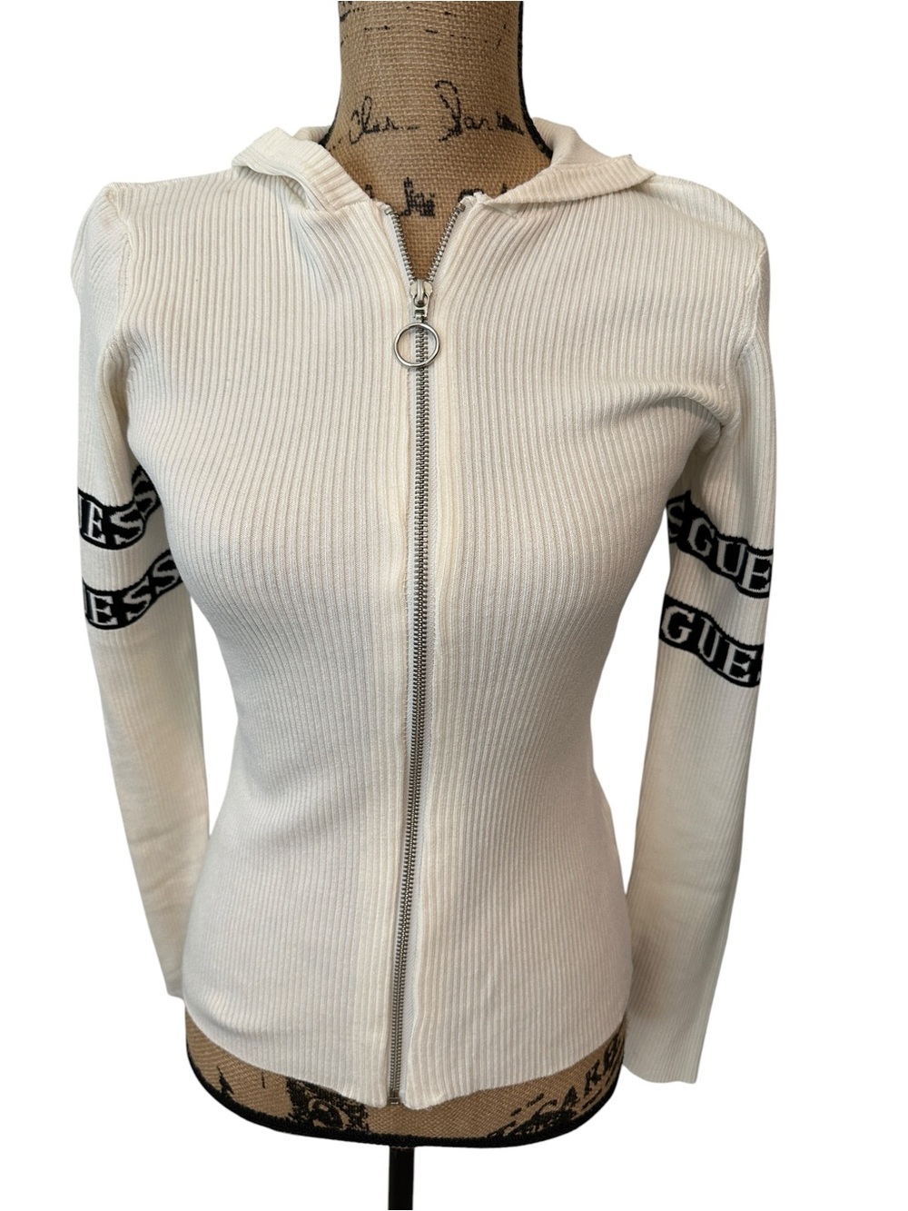 Guess White Ribbed Zip Hoodie with Black Logo Sleeve Bands